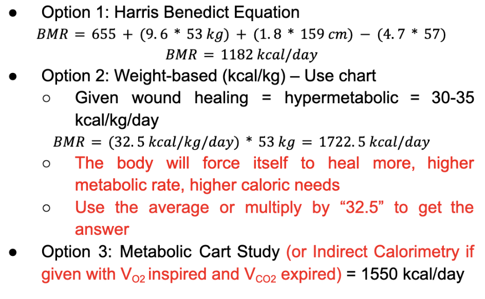 <p>NOTE:</p><p>→ mas gagamitin Option 1: <strong>Harris Benedict Equation, </strong>but still memorize <span>the other 2 equations.</span></p><p><span>→ use the <strong>complete values (with exact decimals)</strong> for <strong>computation on activities</strong></span></p>