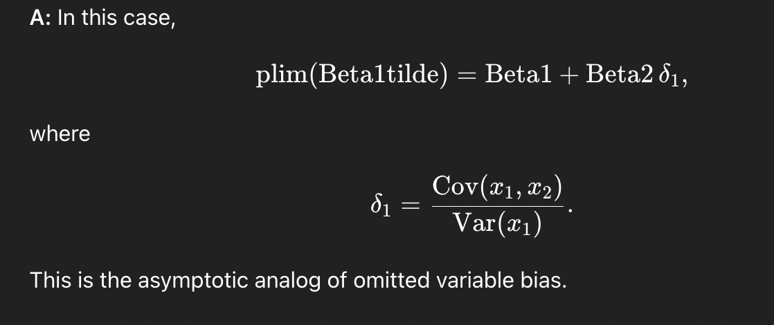 <p>Under what condition does the omitted-variable estimator Beta1tilde become consistent for Beta1?</p>