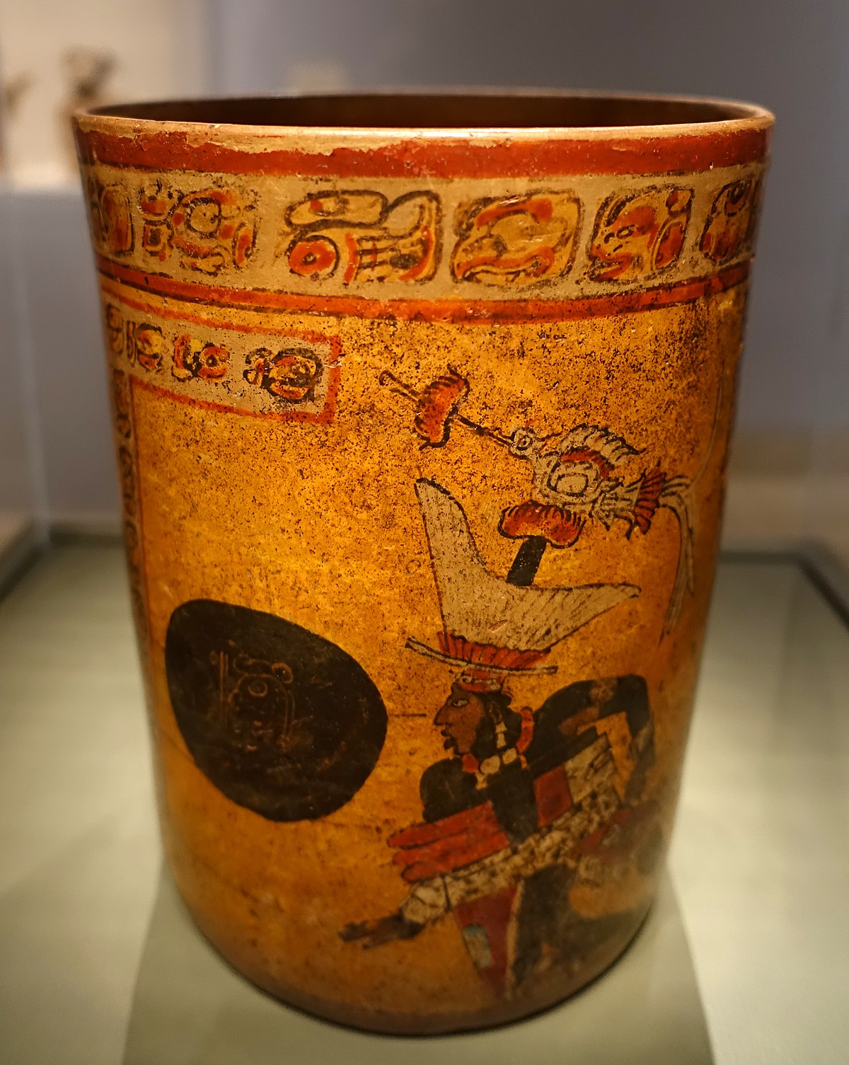 Cylindrical vessel with ball game scene, 682-701 CE, painted ceramic