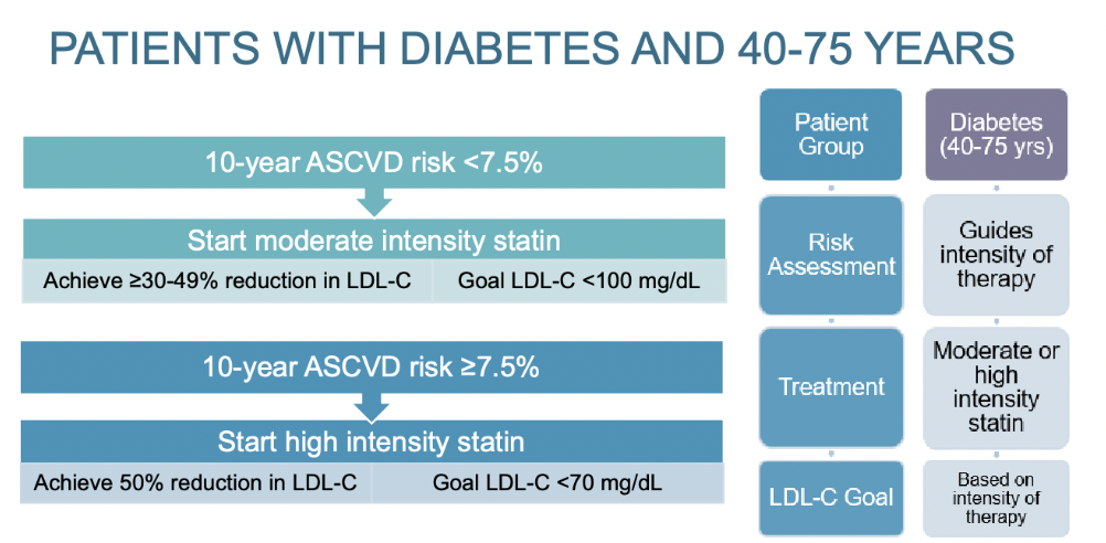 <ul><li><p><span>Diabetes is a major risk factor for ASCVD</span></p></li><li><p><span>Leading cause of death in persons with diabetes is ASCVD</span></p></li></ul><ol type="i"><li><p><span><em>Persons with diabetes are at greater risk of morbidity and mortality following an ASCVD event than those without diabetes</em></span></p></li><li><p><span>10 Year ASCVD risk score is used to determine appropriate statin therapy</span></p><ol><li><p>less than 7.5% - start moderate intensity statin; goals: achieve &gt;/= 30-49% reduction in LDL-C and LDL-C &lt;100 mg/dL</p></li><li><p>greater than or equal to 7.5% - start high intensity statin; goals: achieve 50% reduction in LDL-C and LDL-C &lt;70 mg/dL</p></li></ol></li><li><p><span>If the goal is not achieved</span></p><ol type="i"><li><p><span>Increased to high intensity statin (if not already on)</span></p></li><li><p><span>Can add ezetimibe FIRST then a PCSK9 inhibitor</span></p></li></ol></li></ol><p></p>