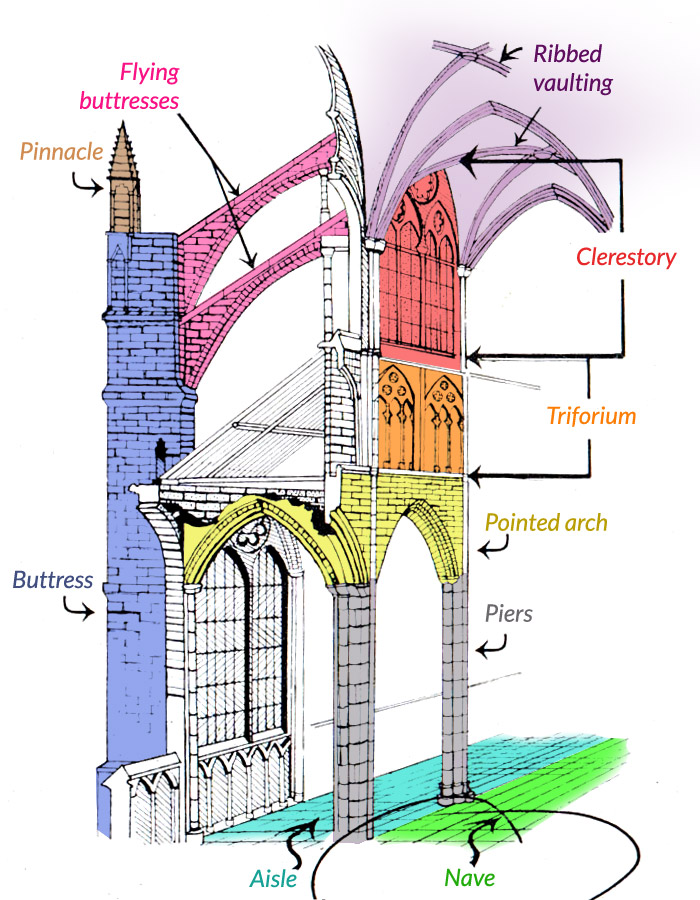 <p>Rib vaults, pointed arches, flying buttresses, buttresses, clerestories, and triforiums</p>
