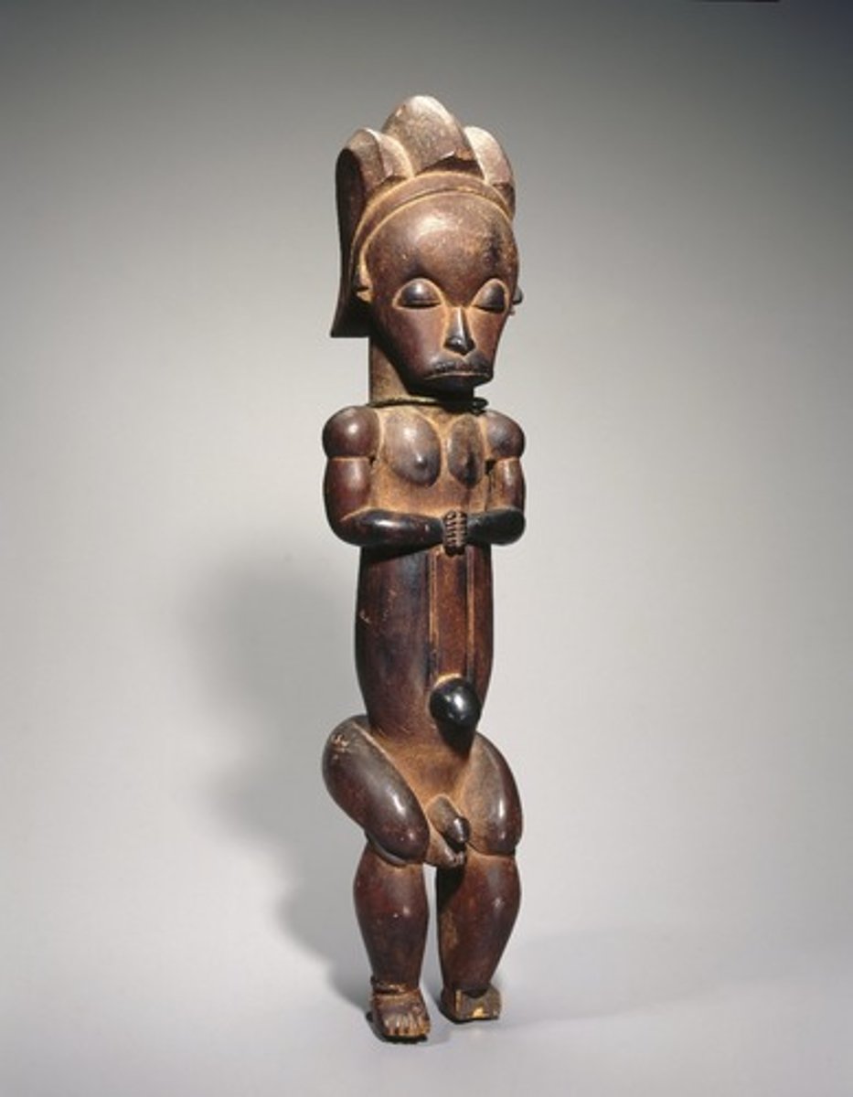 <p>Fang people, wood<br><br>Places on reliquaries to guard contents (VERY COOL! Like saint foy! sometimes clan leaders bones and stuff)<br>NOMADIC PEOPLE<br><br>Sits on the container, feat dangling=protection<br>Could be didatic, teach about ancestors or consultations (LIKE LUKASA WOW)<br><br>DUALITY!! (So important in Fang culture)<br>Tranquility (closed eyes, relaxed) VS Strong (muscles and protection)<br>YOUTH (big head) vs adulthood (torso)<br>Infants are like connection between living and dead btw<br>Female ones were made for like women with long lineages/?</p>