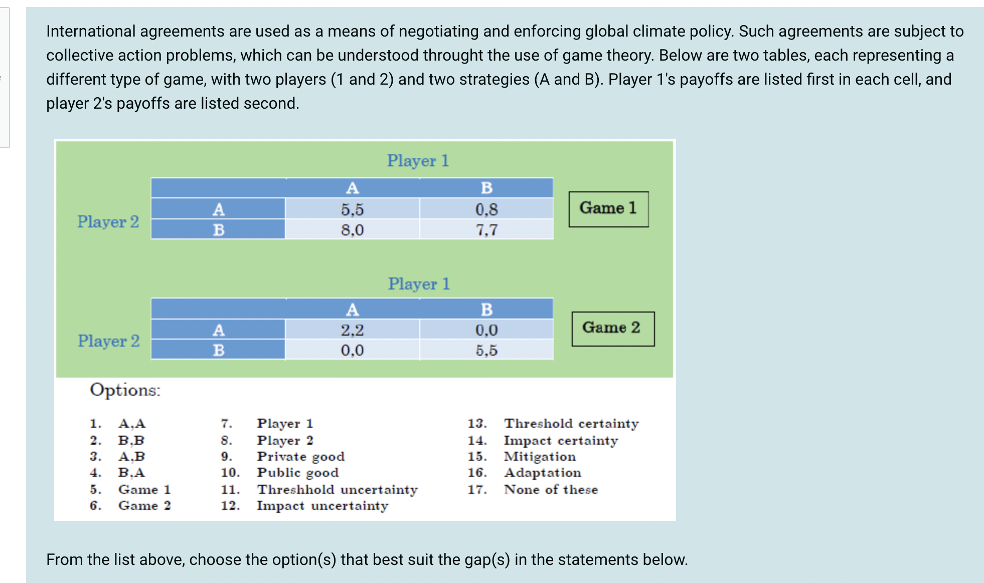 <p>Game 1 and game 2 share a Nash equilibrium at ______, with ______ having another Nash equilibrium at ________. Select 3 correct options.</p>
