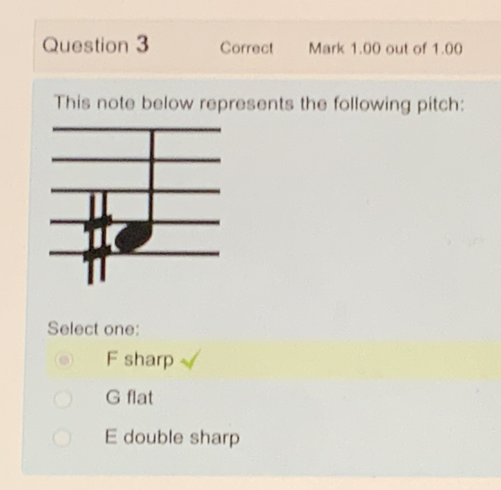 <p>The note below represents the following pitch:</p>