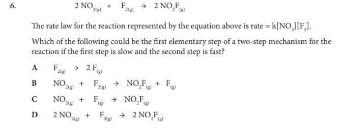<p>Which of the following could be the first elementary step of a two-step mechanism for the reaction if the first step is slow and the second step is fast?</p>