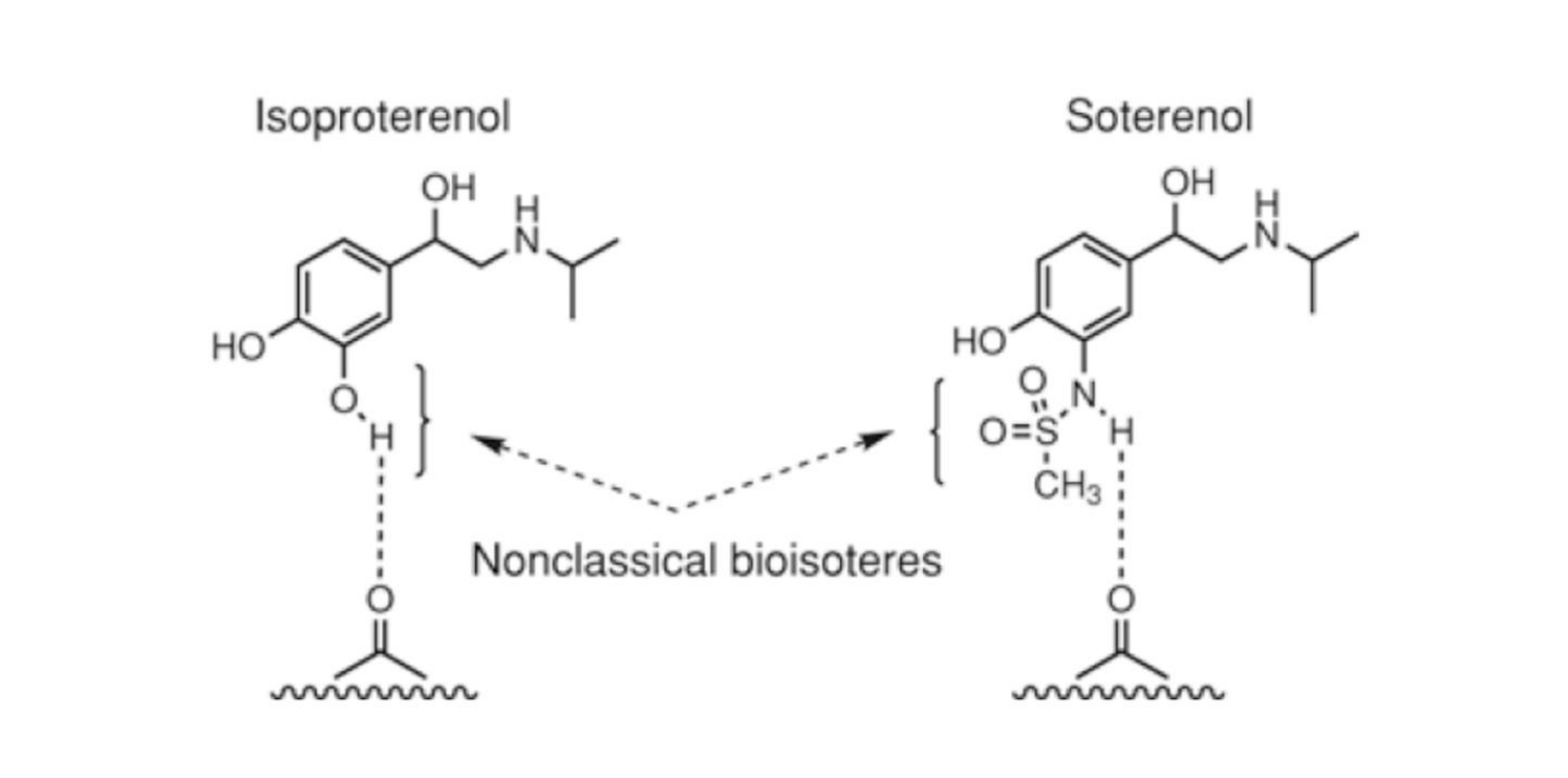 <p>have sometimes widely different steric properties but involve group replacements to maintain properties such as electronic distribution or pKa that are important to retain bioactivity</p><ul><li><p>In the above example, the phenol and sulfonamide have similar pKas and can both donate a hydrogen bond, even though the sulfonamide is significantly larger steric demand</p></li></ul><p></p>