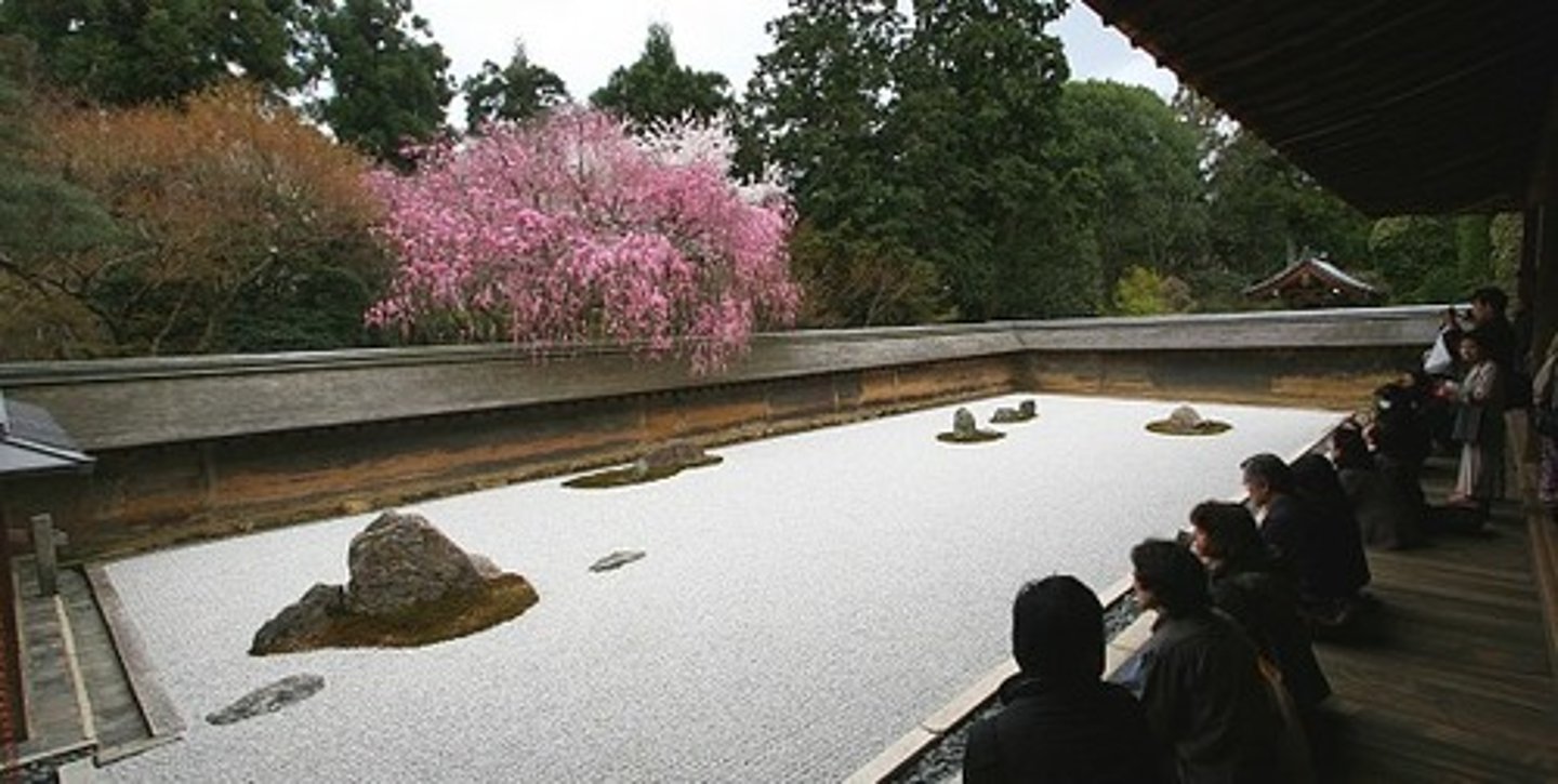 <p>1480, Kyoto Japan. Garden<br>ZEN CENTER FOR ELITE<br>Mediate -> Path to enlightenment<br>Microcosm of nature<br>Zen buddhism!! Shinto influence - worship of nature deities<br>DIORAMA of larger natural phenomena, rocks: land, mountains, stars. Gravel: sea, sky<br>3 piles of 15 rocks, dry and plain: perfect for meditation<br>Intentionally oriented ponds, bridges<br>Natural structure plants, evergreens = pretty year round<br>Water used in purification rituals<br>Pond is by a tea house, tea rituals in zen buddhism</p>
