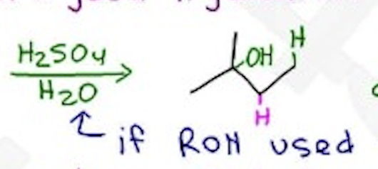 <p>H2SO4 / H2O —- Markovnikov, H-shift, carbocation</p><p>If ROH is used, forms an ether</p>