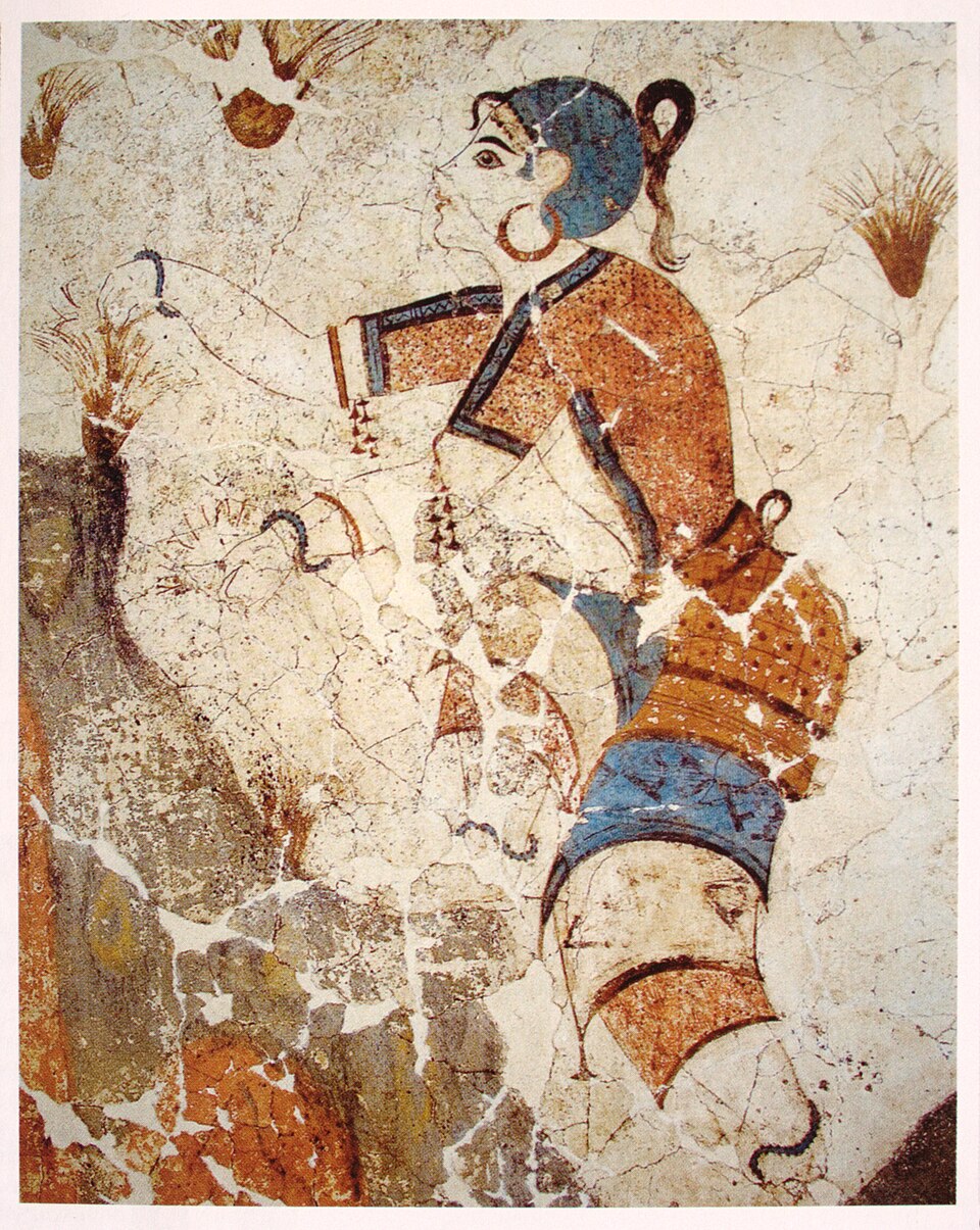<p><strong><u>Date</u></strong> : 16th century BC</p><p></p><p><strong><u>Location</u></strong> : Akrotiri, Santorini</p><p></p><p><strong><u>Material</u></strong> : plaster + paint</p><p></p><p><strong><u>Details</u></strong> : </p><ul><li><p>contains many colours - woman is detailed </p></li><li><p>detailed bracelets on her wrists </p></li><li><p>brown outfit has pattern on it </p></li><li><p>delicate facial features and slight smile - create a sense of energy + emotion. </p></li></ul><p></p><p><strong><u>significance</u></strong> :</p><ul><li><p>evidence of clothing</p></li><li><p>evidence of jewellery</p></li><li><p>evidence of wealth</p></li><li><p>evidence of farming</p></li></ul><p></p>