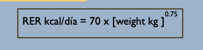 <p>What does RER stand for? It is used to determine the amount to be fed and is calculated by 70 x body weight (kg) ^ 0.75. It is measured in kcal/day. It should be used as a starting point, and animals receiving nutritional support should be closely monitored for tolerance of nutritional interventions. A continuing decline in body weight or body condition should prompt the clinician to reassess and perhaps modify the nutritional plan.</p>