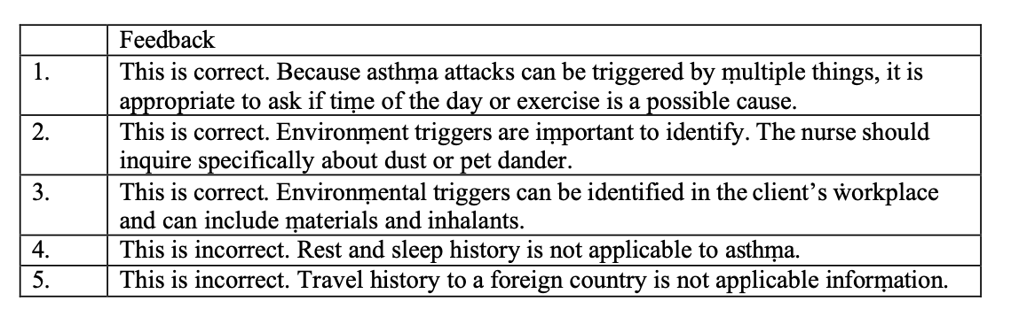 <p><strong>ANS: 1,2,3</strong></p><ol><li><p>because asthma attacks can be triggered by multiple things, it is appropriate to ask if time of the day or exercise is a possible cause.</p></li><li><p>environment triggers are important to identify. the nurse should inquire specifically about dust or pet dander</p></li><li><p>environmental triggers can be identified in the client’s workplace and can include materials and inhalants.</p></li></ol><p></p>