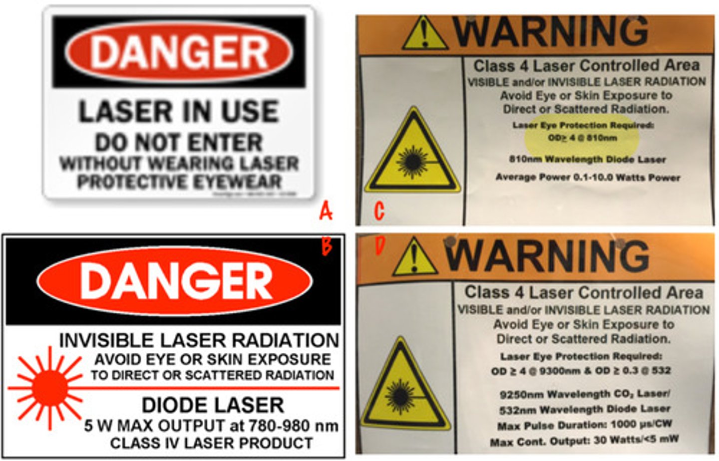 <p>Per ANSI guidelines, which of the following should be posted outside the operators when a diode 810nm laser is in use?</p>