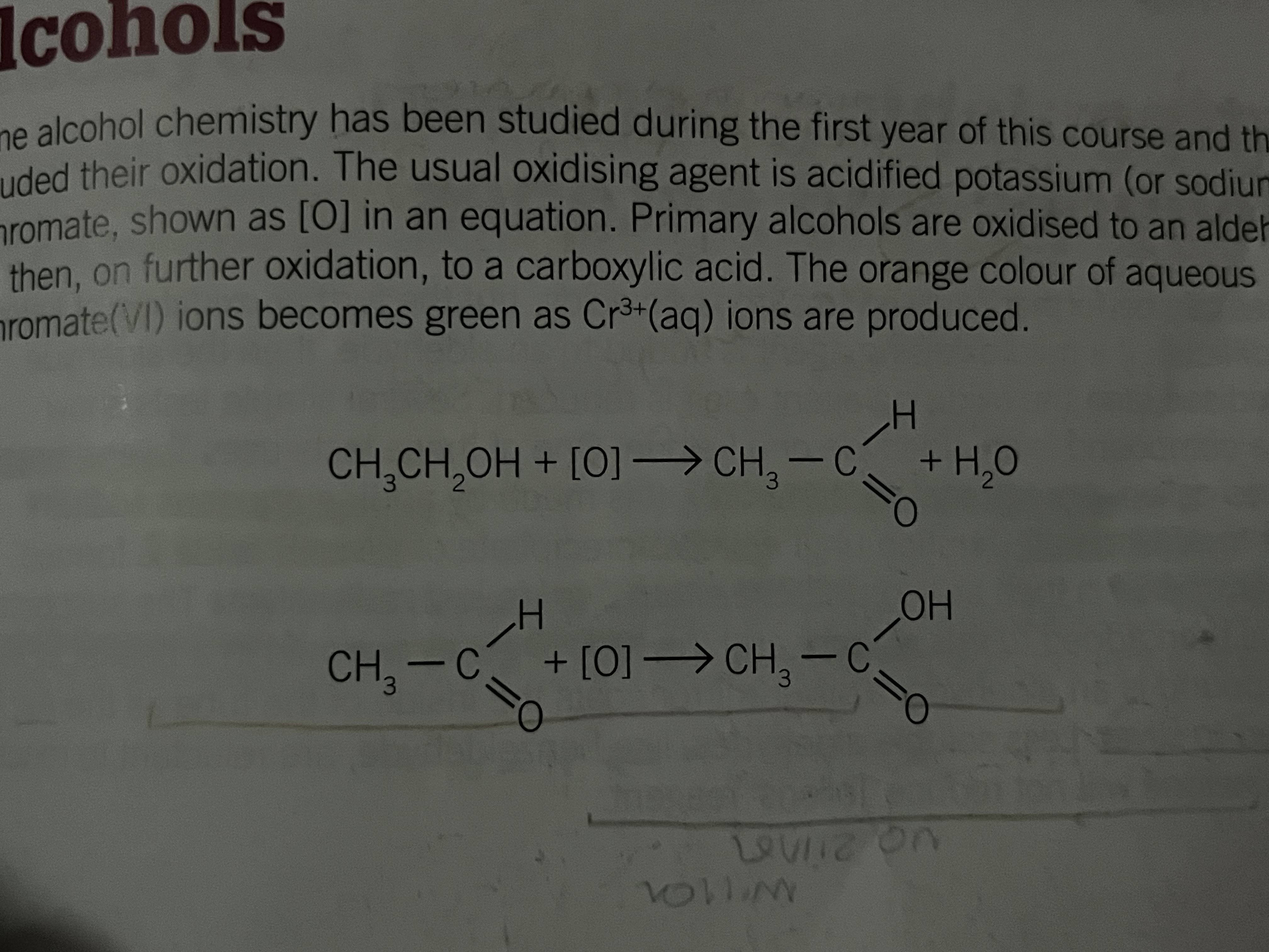 <p>Primary alcohols are oxidized to aldehydes, then further to carboxylic acids</p><p>the oxidising agent is acidified potassium (or sodium) dichromate K2Cr2O7H+</p><p>colour change from orange to green</p><p></p>