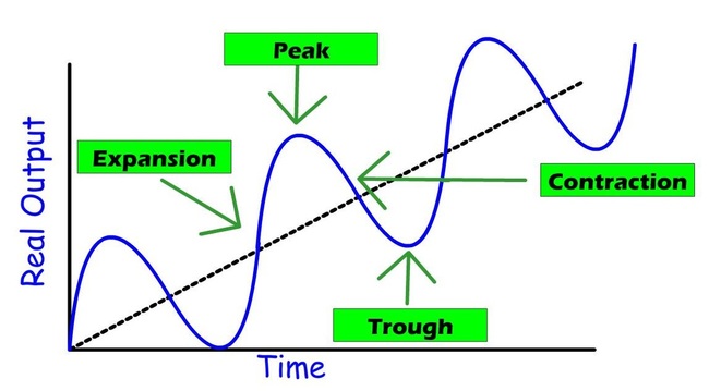 <ul><li><p>Natural fluctuations in economic activity over time</p></li></ul><ul><li><p>Expansion is also called recovery</p></li><li><p>Peaks coincide with an inflationary gap and may bring high inflation.</p></li><li><p>Contraction that last more than 6 months are generally referred to as recessions.</p></li><li><p>Troughs coincide with a recessionary gap and bring high unemployment and possibly deflation.</p></li></ul><p></p>