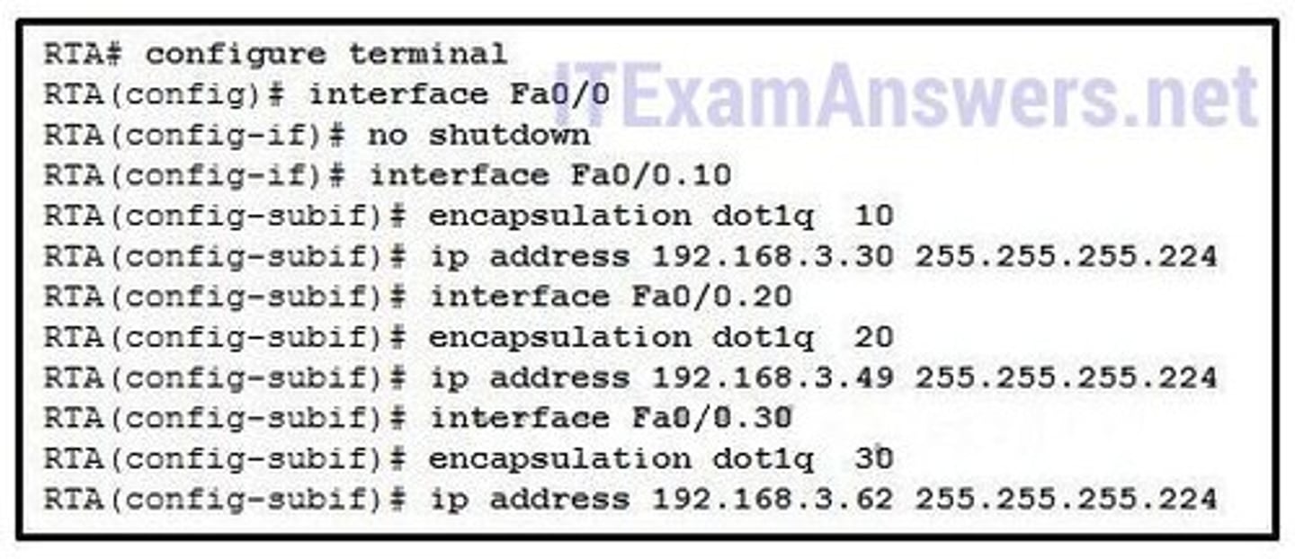 <p>RTA is using the same subnet for VLAN 20 and VLAN 30.</p>