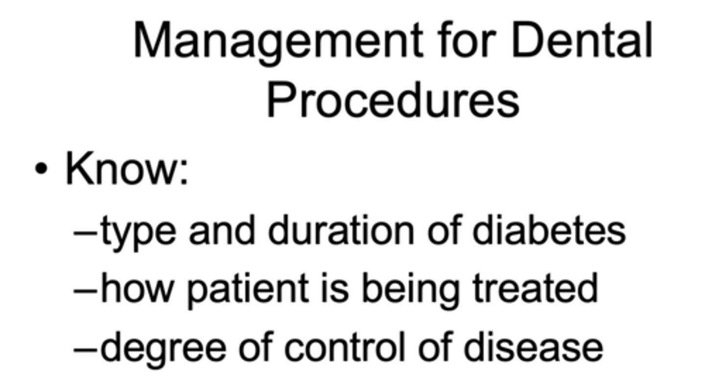 <p>- Type and duration of diabetes</p><p>- How patient is being treated</p><p>- Degree of control of disease</p>