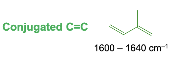 <p>Around 1600 to 1640 <mark data-color="rgba(0, 0, 0, 0)" style="background-color: rgba(0, 0, 0, 0); color: inherit;">cm<sup>-1</sup>. It lowers in frequency due to conjugation. </mark></p>