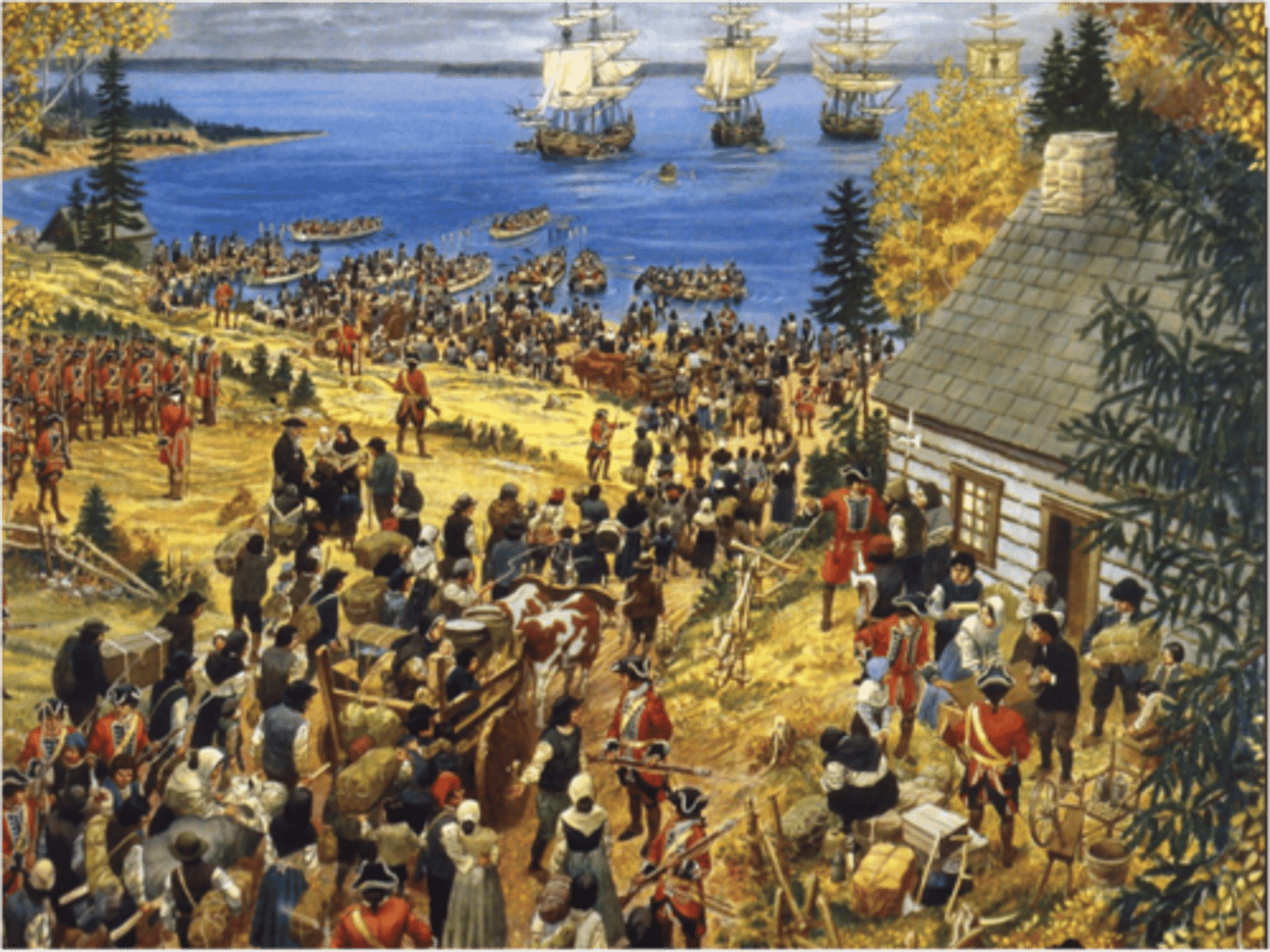 <p>the removal of eleven thousand Acadians from Acadia by Britain, starting in 1755</p>