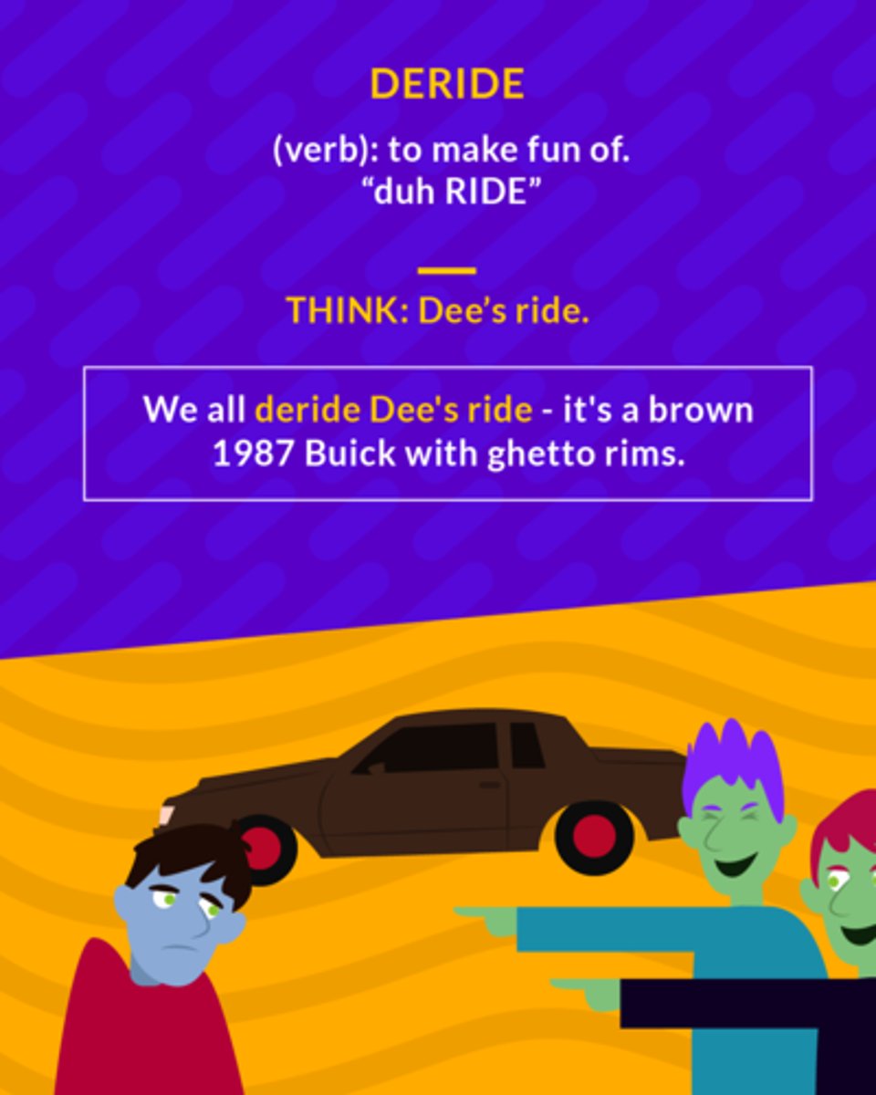 <p>(verb) to ridicule, laugh at with contempt</p><p>(verb) to make fun of</p>