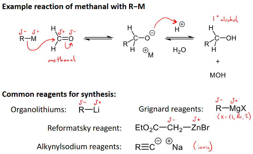 <ul><li><p>Common reagents: R-Li (organolithiums), R-MgX (Grignard reagents), EtO2C-CH2-ZnBr (Reformatsky reagent), R=-C-+Na (alkynylsodium reagents, ionically bonded) </p></li></ul><p></p>