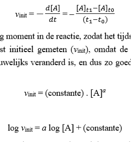 <ul><li><p>Op basis van gemeten v<sub>init</sub>.<br>Zo kan zelfs niet-gehele ordes bepaald worden.</p></li><li><p>Toepassing van geïntegreerde snelheidsvergelikingen<br>Hierbij wordt de concentratie in functie van de tijd op een grafiek gezet en gekeken bij welke orde het best past.</p></li></ul><p></p>