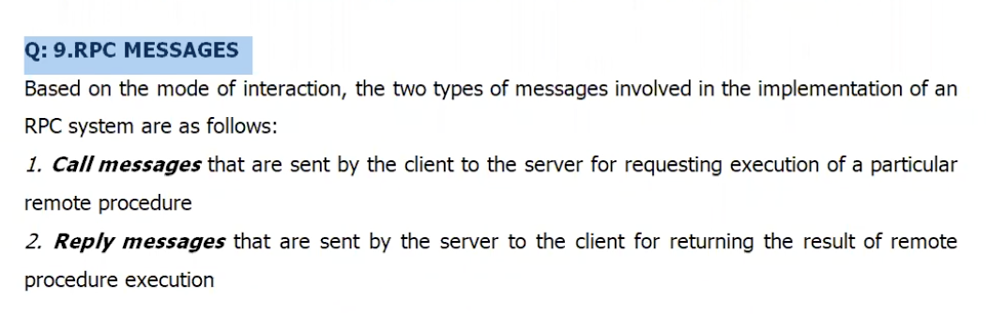 <p>It is a message which travel between client and receiver using RPC</p><p>It contain two things : <br>1. Call Packet: It gets generated by client side using remote OS which contain procedure name , parameters and meta data.</p><p>2. Result Packet : It gets generated by server side using remote OS which contain result of execution or error<br><br></p><img src="https://knowt-user-attachments.s3.amazonaws.com/1dc050c3-371c-4957-be1e-7ffd3edfa0a1.png" data-width="100%" data-align="center" alt="knowt flashcard image"><img src="https://knowt-user-attachments.s3.amazonaws.com/1312cf9c-6cd4-4b04-b194-448a9bd2886c.png" data-width="100%" data-align="center"><p></p>