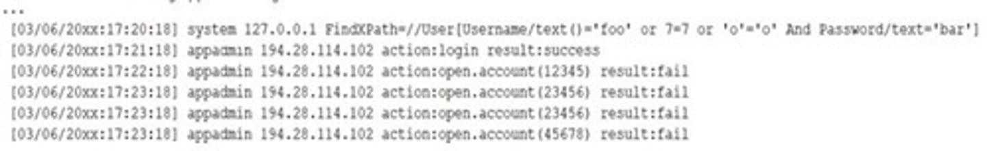 <p>A security analyst receives a SIEM alert that someone logged in to the appadmin test account, which is only used for the early detection of attacks. The security analyst then reviews the following application log:</p><p>(SEE IMAGE)</p><p>Which of the following can the security analyst conclude?</p><p>A. A replay attack is being conducted against the application.</p><p>B. An injection attack is being conducted against a user authentication system.</p><p>C. A service account password may have been changed, resulting in continuous failed logins within the application.</p><p>D. A credentialed vulnerability scanner attack is testing several CVEs against the application.</p>