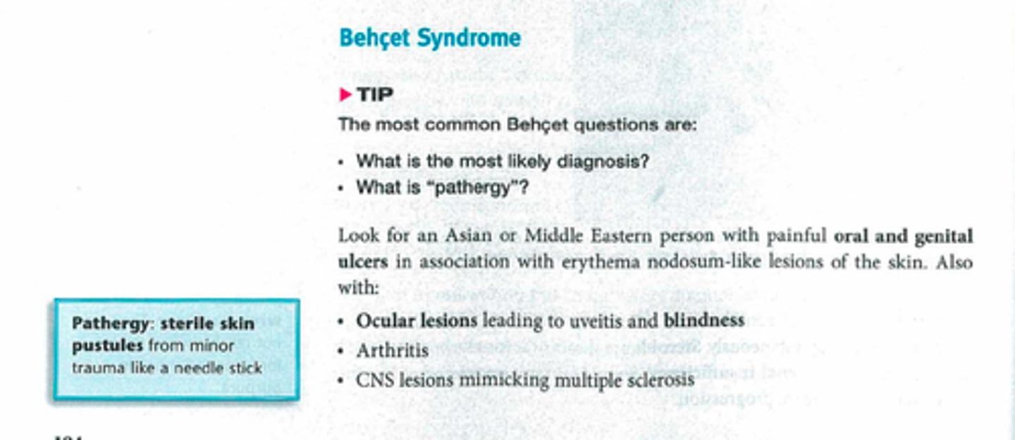 <p>Behcet's syndrome</p><p>Dx: Bx</p><p>Tx: Steroids</p>