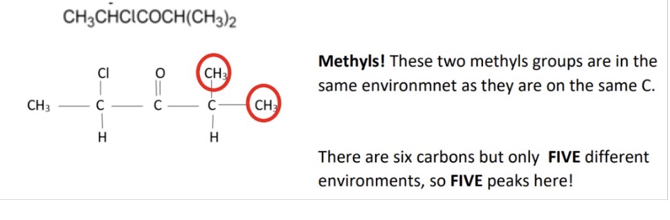 <ul><li><p>they will be in the same environment due to symmetry on the tetrahedral C</p></li><li><p>and so will give rise to 1 peak </p></li></ul><p></p>