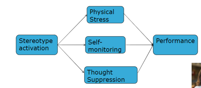 <ul><li><p>stereotype activation</p></li><li><p>physical stress, self-monitoring, thought suppression</p></li><li><p>performance</p></li></ul>
