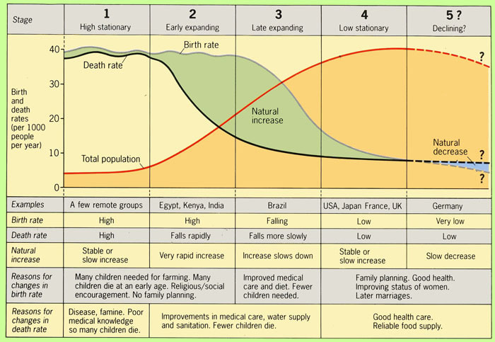 <ul><li><p>Stable population</p></li><li><p>Low birth and death rates</p></li><li><p>Children are a choice</p></li><li><p>Increase access to family planning</p></li><li><p>Women are more independent and gain more work opportunities</p></li><li><p>Low rates of diseases and high production of food</p></li><li><p>Examples: Canada, United Kingdom, United States, Turkiye, Guam, Peru</p><p></p></li></ul><p></p>