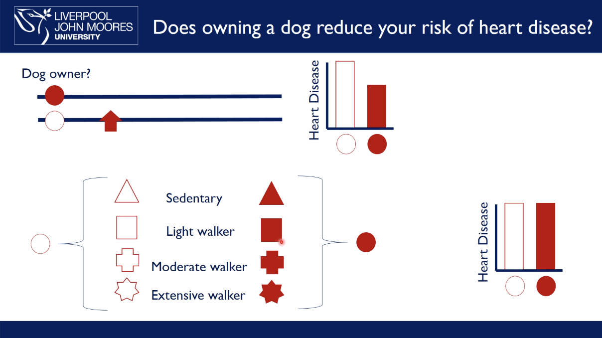 <ul><li><p>take a group of people and find out which of them are dog owners and not dog owners&nbsp;</p></li><li><p>follow up over ten years to see who develops heart disease&nbsp;</p></li><li><p>results may show that people that aren’t dog owners have a higher incidence of heart disease&nbsp;</p></li></ul><ul><li><p>we can’t conclude that owning a dog reduces risk of heart disease as you have to make the assumption that both groups are identical in everything except whether they own a dog or not&nbsp;</p></li><li><p>look at other characteristics in the individuals e.g. how much walking they do: from sedentary → extensive walkers&nbsp;</p></li><li><p>however, people with dogs walk more, which explains the relationship → owning a dog doesn’t reduce the risk of heart disease but going for a walk&nbsp;</p></li><li><p>this is known as confounding </p></li></ul><p></p>