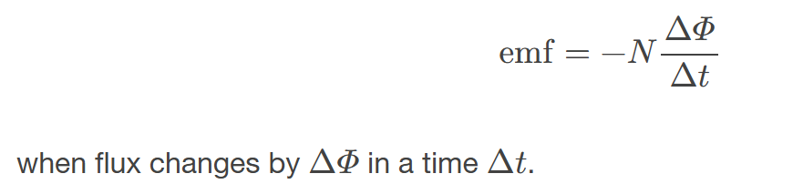 <p><span><span>the means of calculating the emf in a coil due to changing magnetic flux, given by </span></span>emf=−𝑁⁢𝛥𝛷𝛥𝑡</p>
