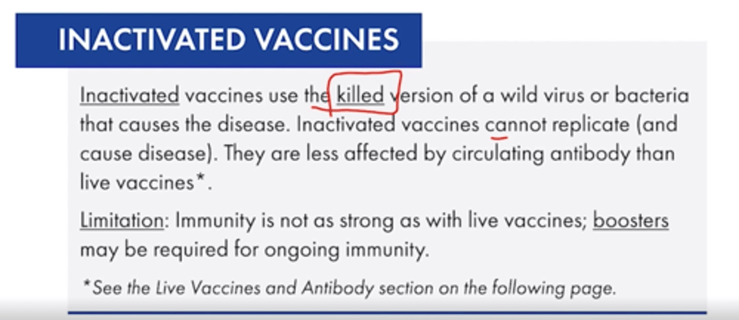 <p>Composed of a killed antigen to create immunity that diminishes over time and requires "boost" doses</p>