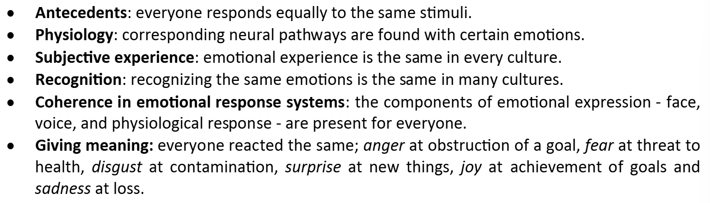 <ul><li><p>Antecedents</p></li><li><p>Physiology</p></li><li><p>Subjective experience</p></li><li><p>Recognition</p></li><li><p>Coherence in emotional response</p></li><li><p>Giving meaning</p></li></ul><p></p>