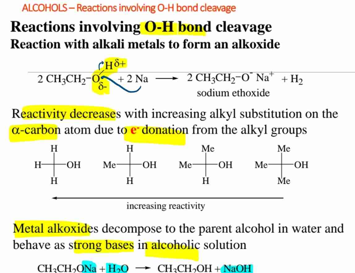 <p><span>Alcohols react with sodium to form alkoxides and hydrogen gas.</span></p>