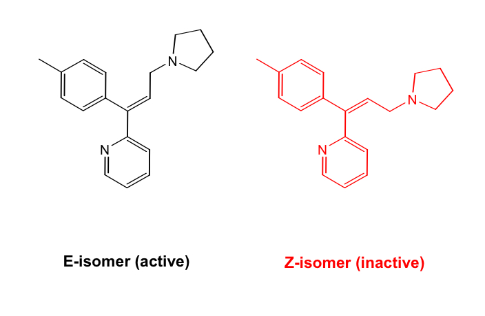<p>Tx of acute allergic symptoms and common cold</p><p>Shorter acting compared to other alkyl amine H1-antihistamines (3-5h) due to reactivity of olefin group</p><p>Only one isomer has affirm towards H1 receptor</p>