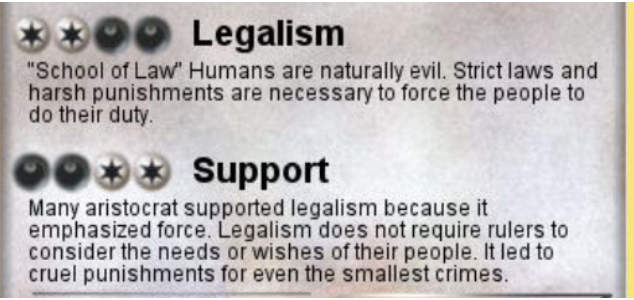 
1. Founded by Han Feizi c. 200 BCE
2. Core beliefs
   a. people naturally evil/selfish
   b. need strong ruler who demanded absolute obedience
   c. laws should be strict with harsh punishments and rewards

\-There was a weak government with many warring states, the people wanted a more controlled government which led to legalism
\-Legalism is based on the viewpoint that in order for a ruler to maintain order in society, people must obey a set of strict laws and those in authority (the rulers and government officials). Legalist philosophers thus created a system of punishment and reward for certain behaviors.
\-famous achievement is the Great Wall of China
\-fell out during late Qin dynasty and early Han dynasty