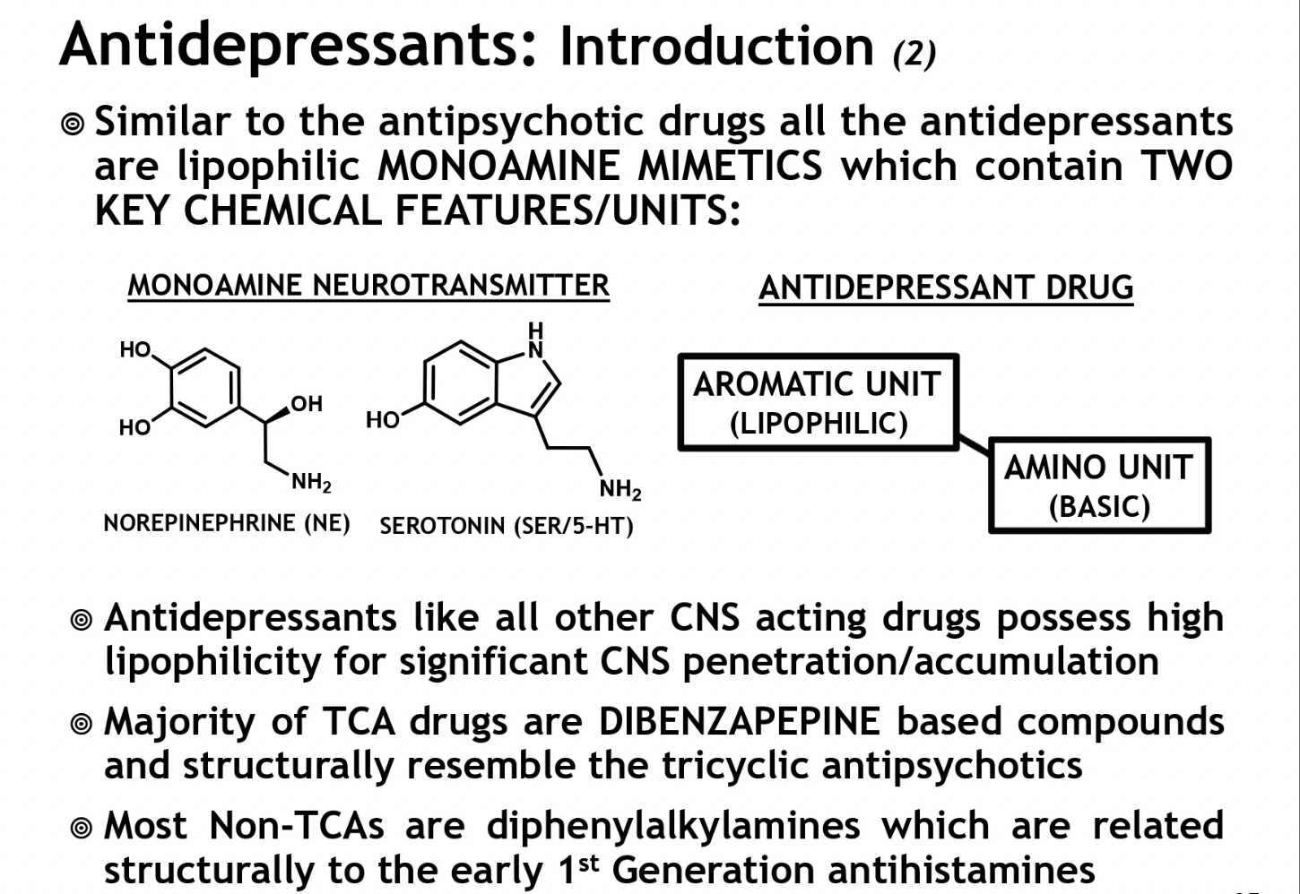 <ul><li><p>are lipophilic monoamine mimetics that contain 2 key features:</p><ul><li><p>aromatic unit (lipophilic)</p></li><li><p>amino unit (basic) → 1* amine (-NH2)</p></li></ul></li><li><p>like all other CNS acting drugs, possess high lipophilicty for significant CNS penetration/accumulation</p></li></ul><p></p>