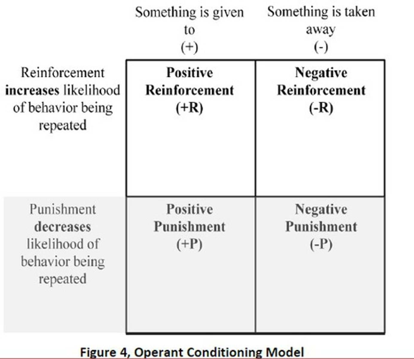 <p>-consequence learning</p><p>-relevant to reinforcement value of drugs</p><p>-1.) what is the persons original behavior? Increasing or Decreasing?</p><p>-2.) does the consequence of behavior involve something being added or removed?</p>