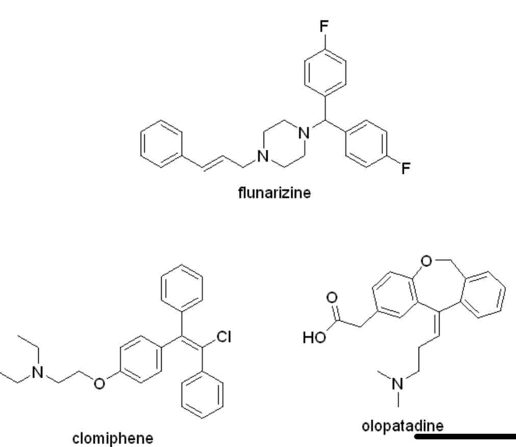 <p><span style="color: rgb(0, 0, 0)">The drug structures above show drug molecules containing a carbon-carbon double bond. In each case specify if the bond is E, Z or lacks and E/Z configuration.</span></p>