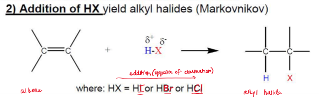 <p>Electrophilic Addition, A<sub>E</sub></p><p>Rearrangements possible via methyl, hydride shifts</p><p>No stereochemical control, often<strong> racemic</strong></p>