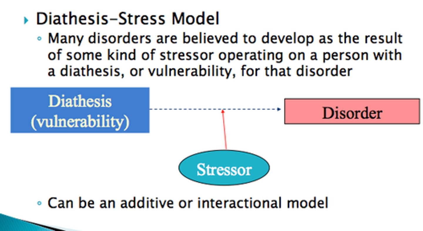 <p>assumes that psychological disorders develop due to a genetic vulnerability (diathesis) in combination with stressful life experiences (stress)</p>