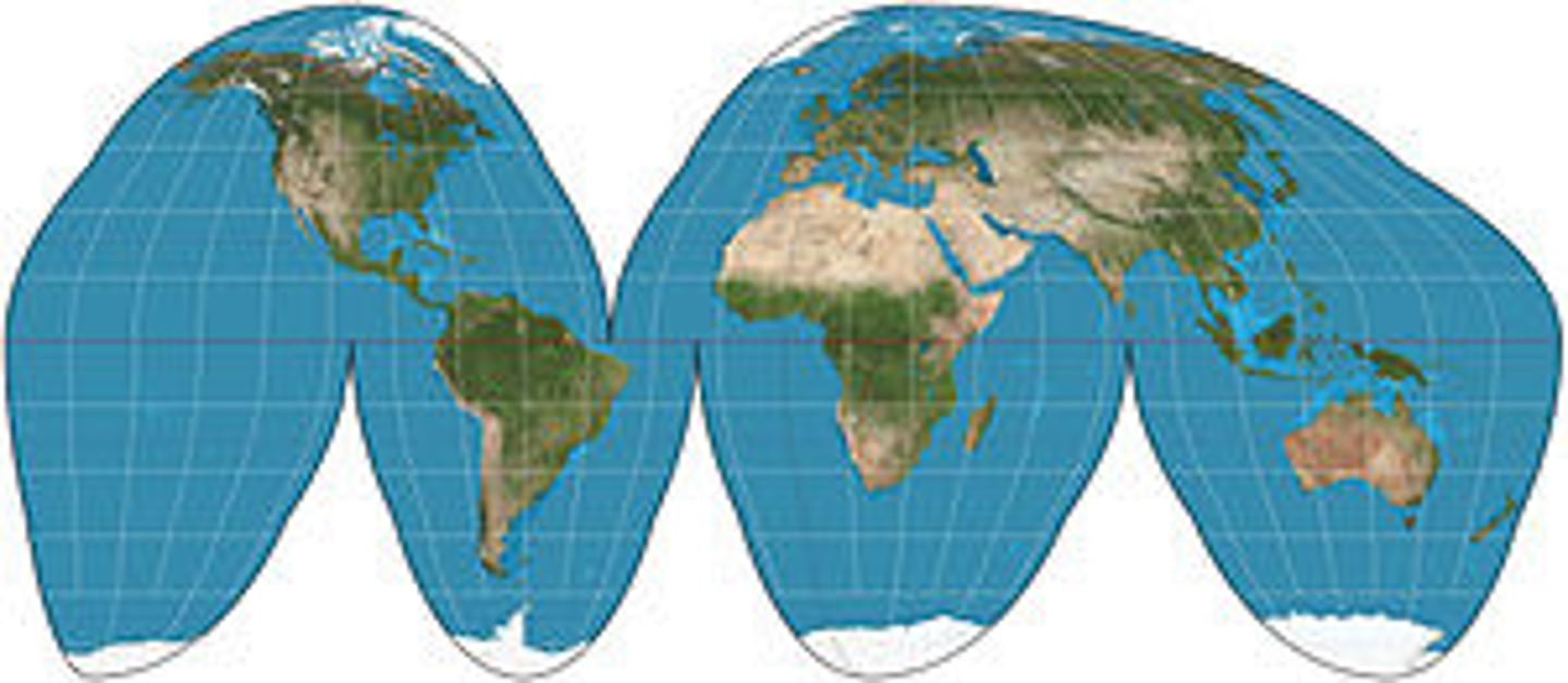 <p>Avoids shape distortion and the restrictions of a rectangular map by creating "interruptions" in the map's continuity. Useless for navigation, interrupted make lines of logitude point in different directions.</p>