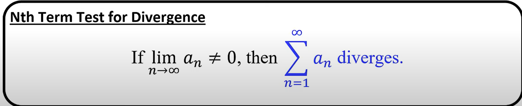 <p>If f is a positive, continuous, and decreasing function for x ≥ k and a<sub>n</sub> = f(x), then the sum of all terms in the series starting from n = k and the integral from k to infinity of f(x) both converge or both diverge.</p>