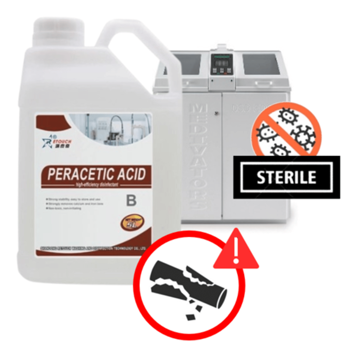 <p>a broad-spectrum disinfectant that achieves HLD in 5 minutes at room temperature, compatible with many materials but corrosive to some; some dilutions are used as sterilants in AERs</p>