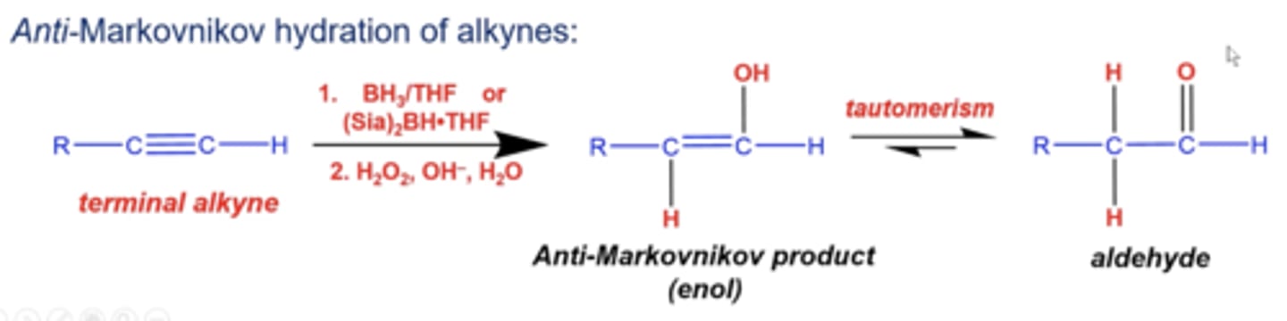 <p>you can form the anti-markovnikov product, where OH adds to the less substituted carbon, and H adds to the more substituted carbon (creating an enol)</p><p>-this product undergoes tautomerization and becomes an aldehyde</p>