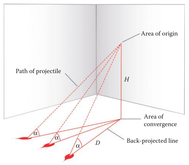 Determining the area of origin using the tangent method. Only three representative bloodstains are shown. α, the angle of impact; H, the height of the area of origin; and D, the distance from the spatter stain to the area of convergence.