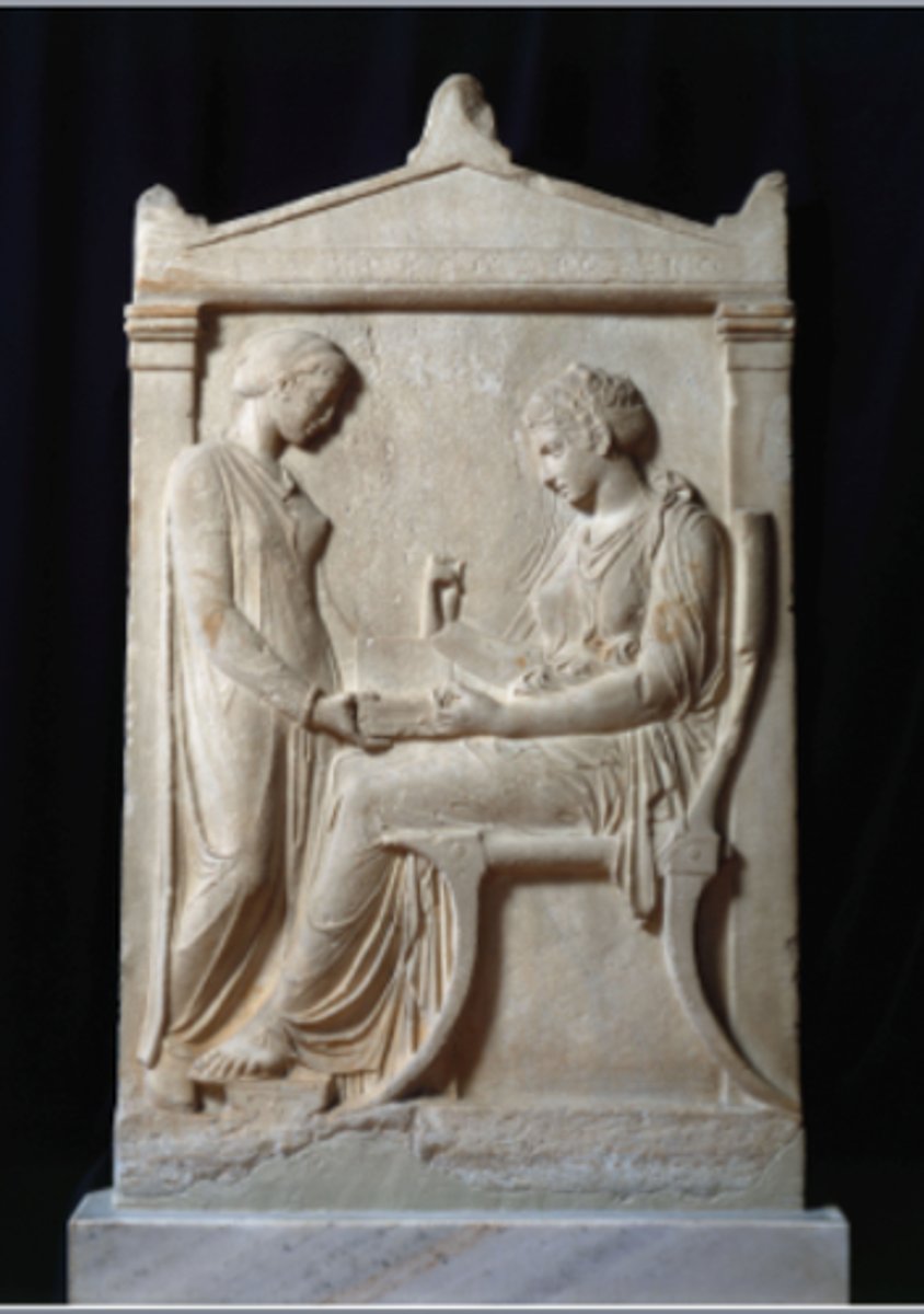 <p>- Tomb marker for a women; they were making grave markers for everyone now to make up for the lack of proper burials during Peloponnesian war &amp; Plague</p><p>- Huge development: Woman's name out in public, although in relation to male (husband/father)</p><p>- Not stylistically different from classical, but this content would have never been seen prior to the plague</p>