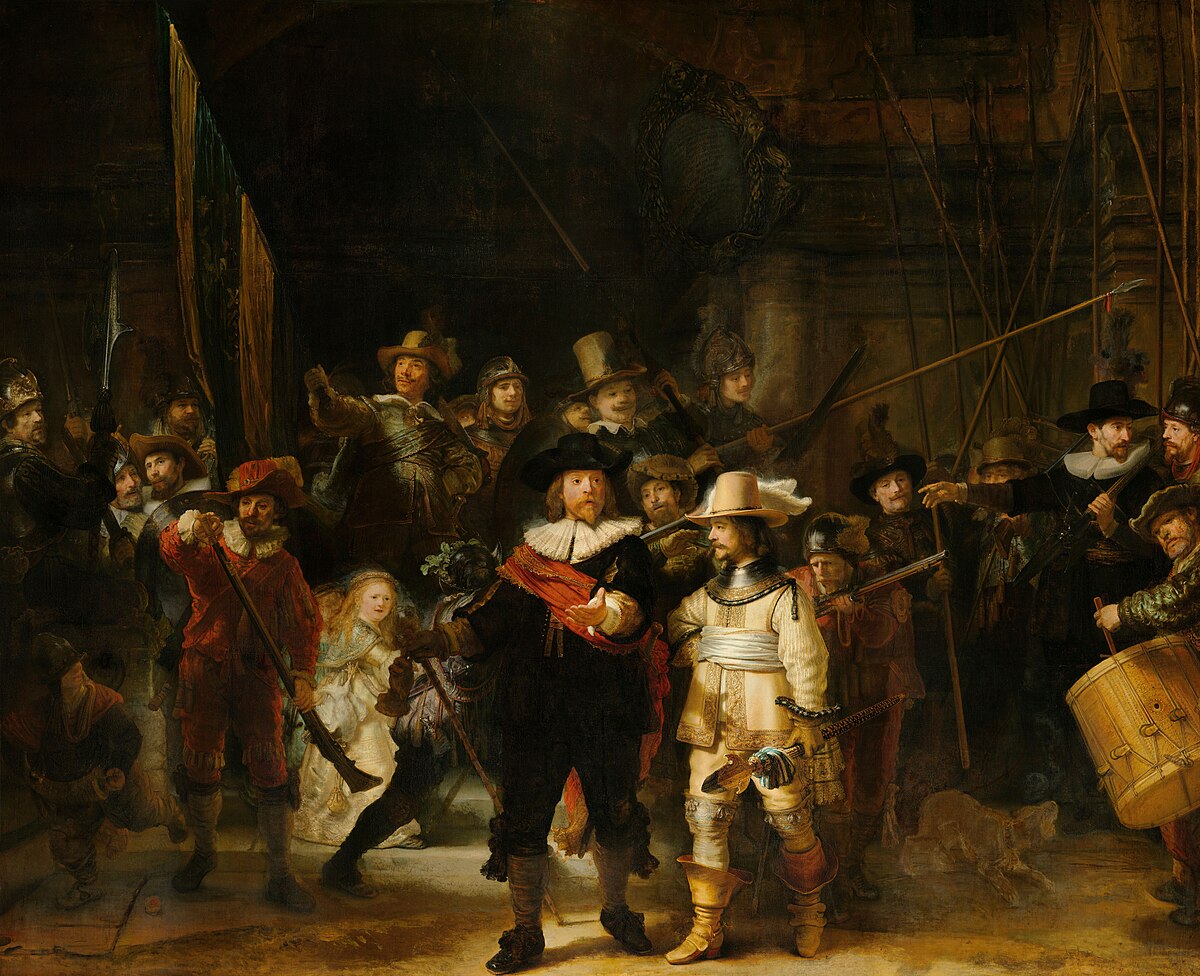 <p><span>Artist: Rembrandt</span></p><p class="p1"><span>	•	Origin: Netherlands</span></p><p class="p1"><span>	•	Style: Baroque</span></p><p class="p1"><span>	•	Meaning: Civic militia in action.</span></p>